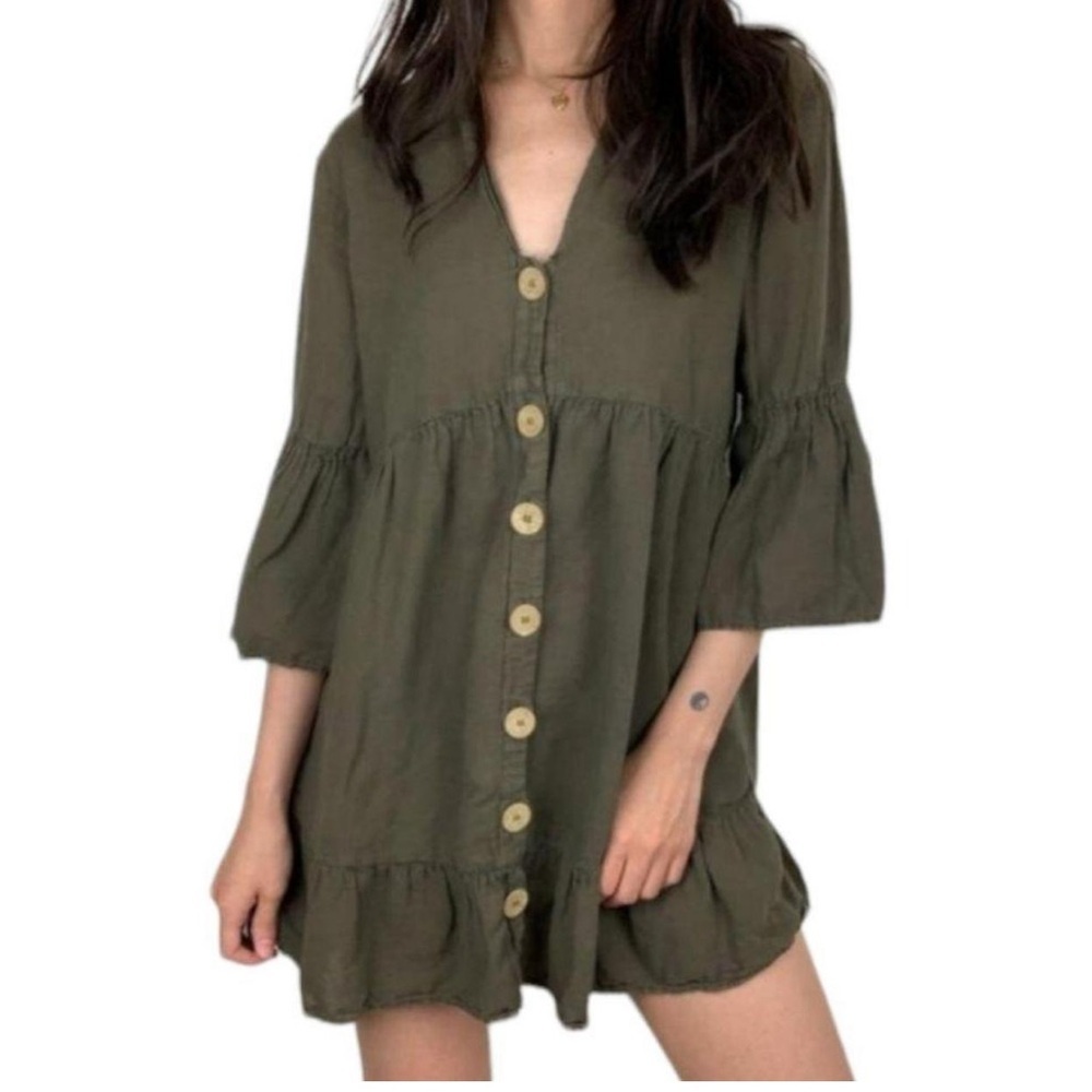 Zara Green Button Front Linen Tunic Olive Green Baby Doll Dress Size Small